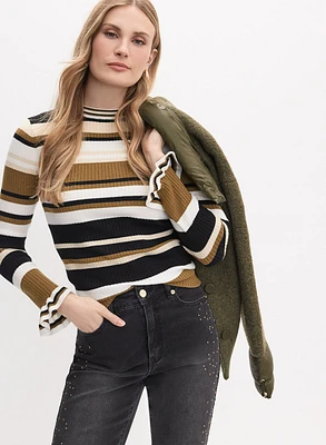 Ruffled Sleeves Stripe Print Sweater