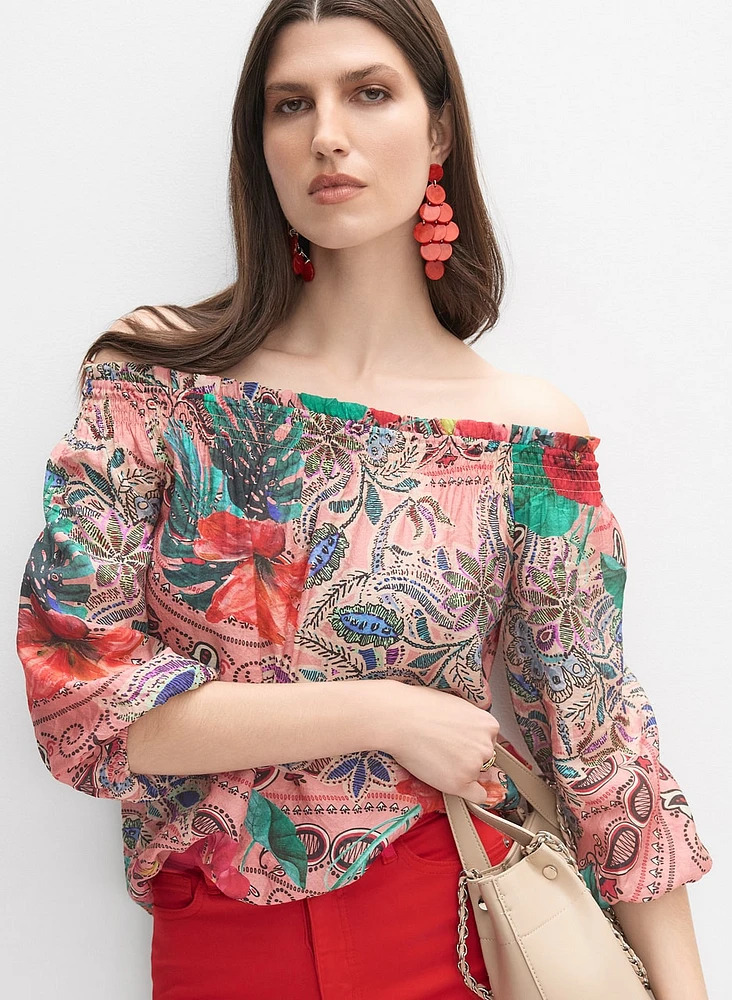 Mixed Print Off-Shoulder Blouse
