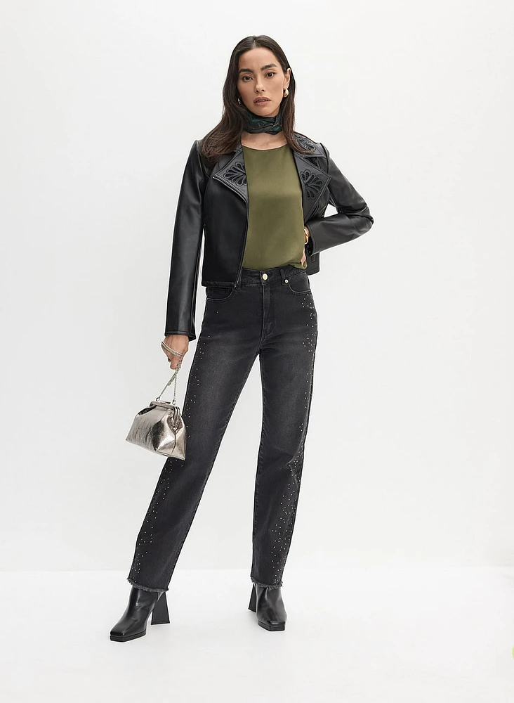 Vegan Leather Jacket & Straight Leg Jeans