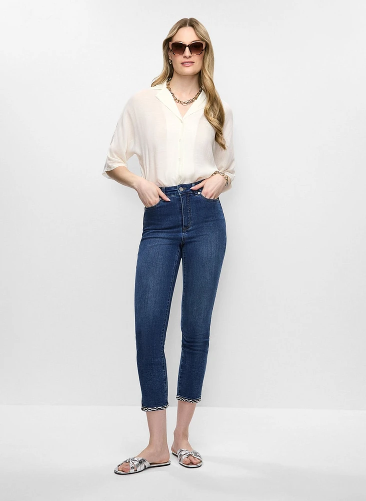 Notch Collar Elbow Sleeve Blouse & Slim Leg Denim Capris