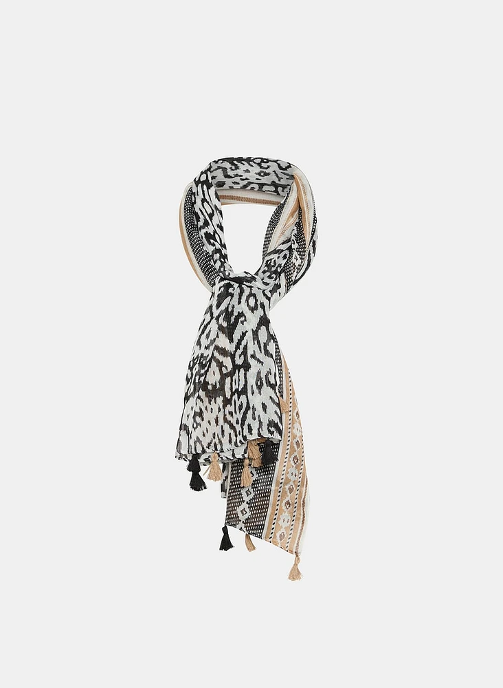 Mixed Print Tassel Hem Scarf