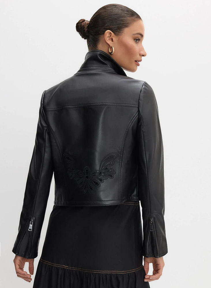 Embroidered Detail Vegan Leather Jacket