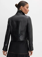 Embroidered Detail Vegan Leather Jacket