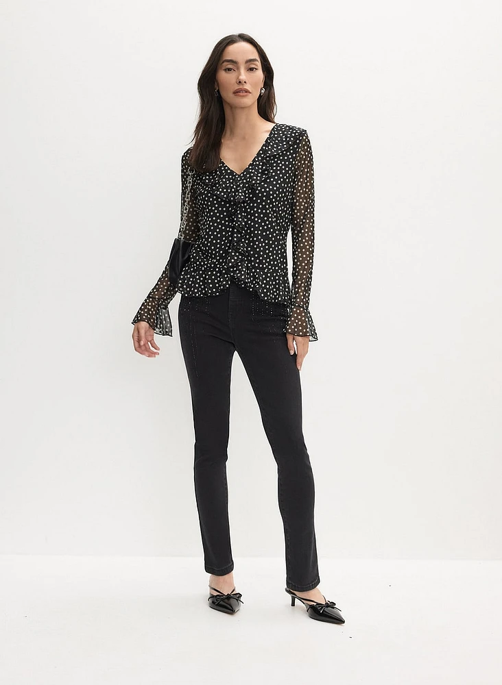 Dot Print Ruffle Front Top