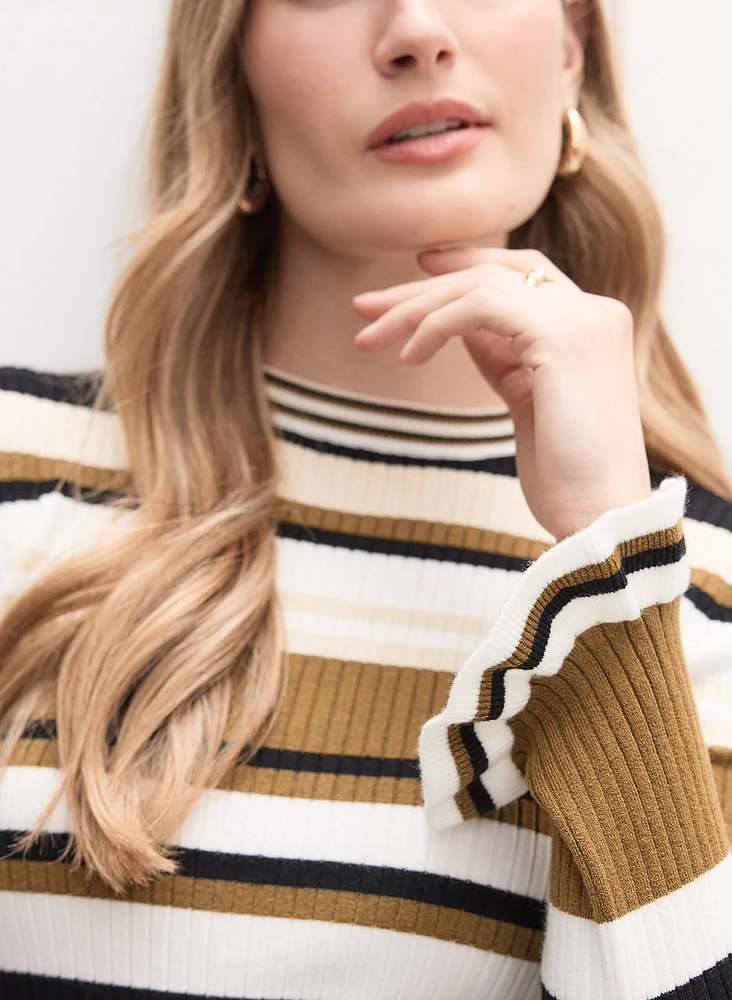 Ruffled Sleeves Stripe Print Sweater