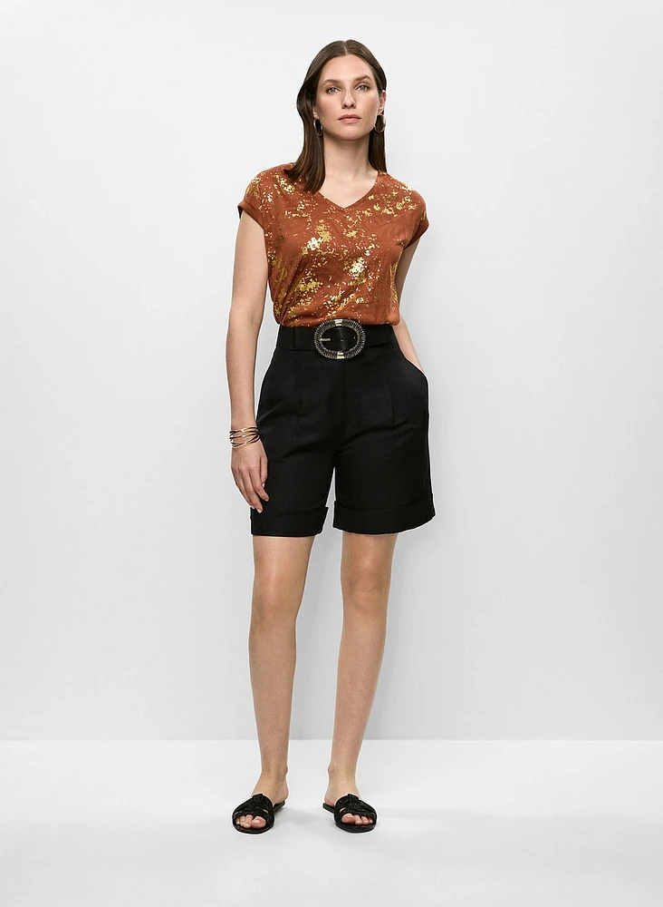 Foil Motif T-Shirt & Linen Blend Shorts