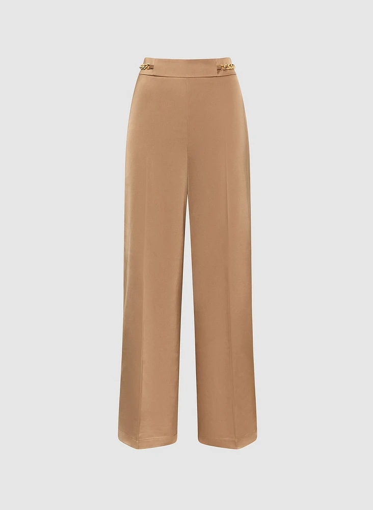 Chain Trim Satin Wide-Leg Pants