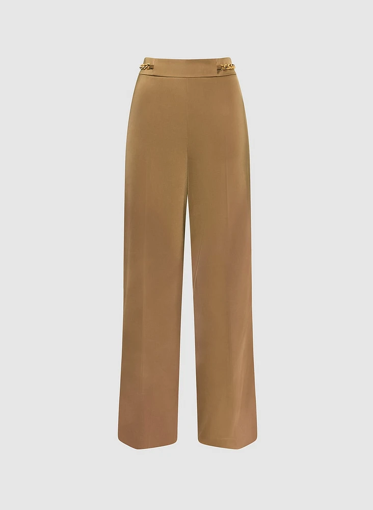 Chain Trim Satin Wide-Leg Pants