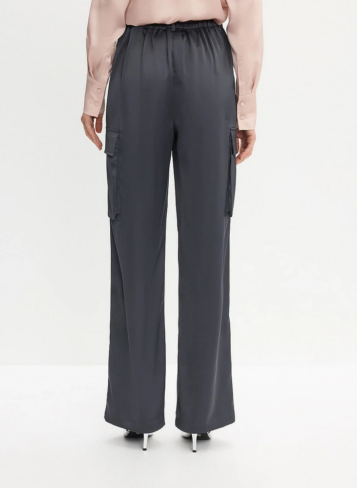 Satin Wide-Leg Cargo Pants