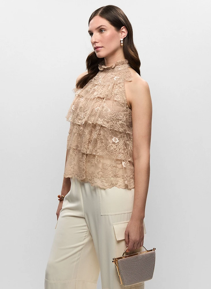 High-Neck Tiered Lace Top