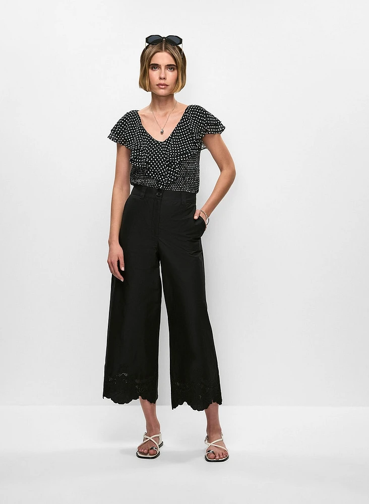 Ruffled Polka Dot Blouse & Embroidered Wide-Leg Pants