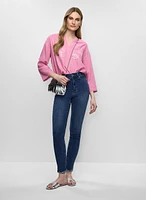 Sequin Pockets Linen Blouse & Slim Leg Denim Capris