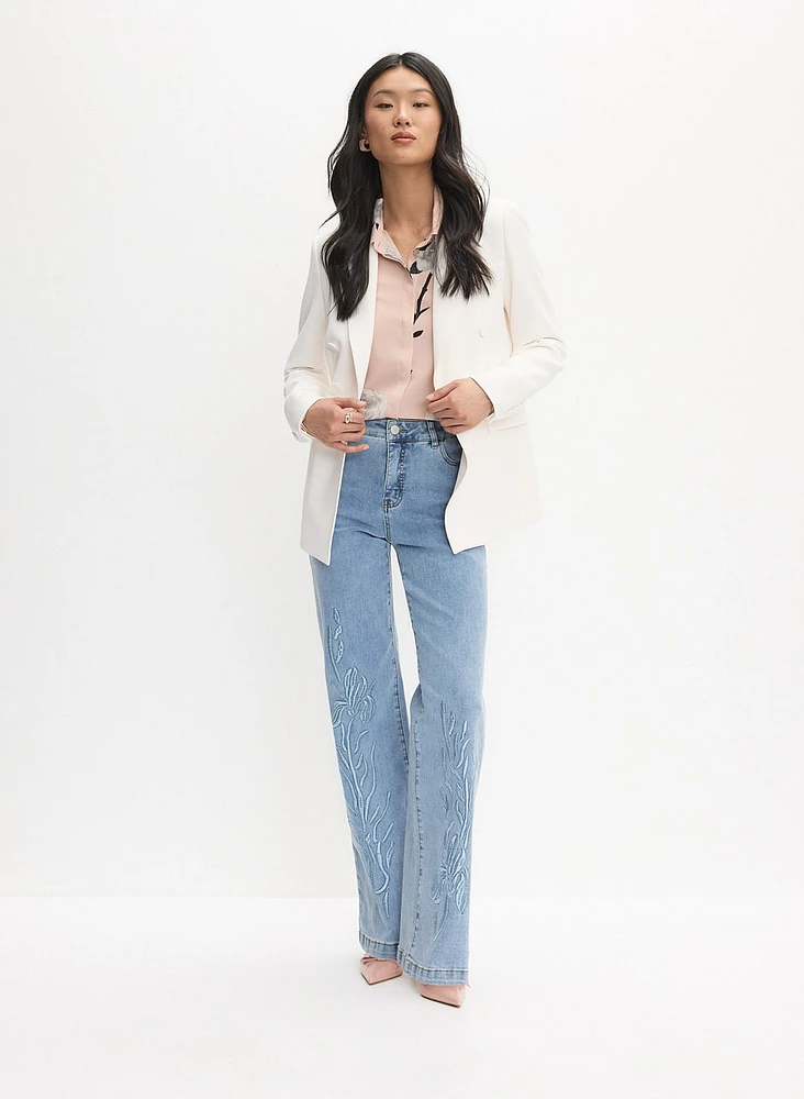 Peaked Lapel Jacket & Embroidered Wide-Leg Jeans