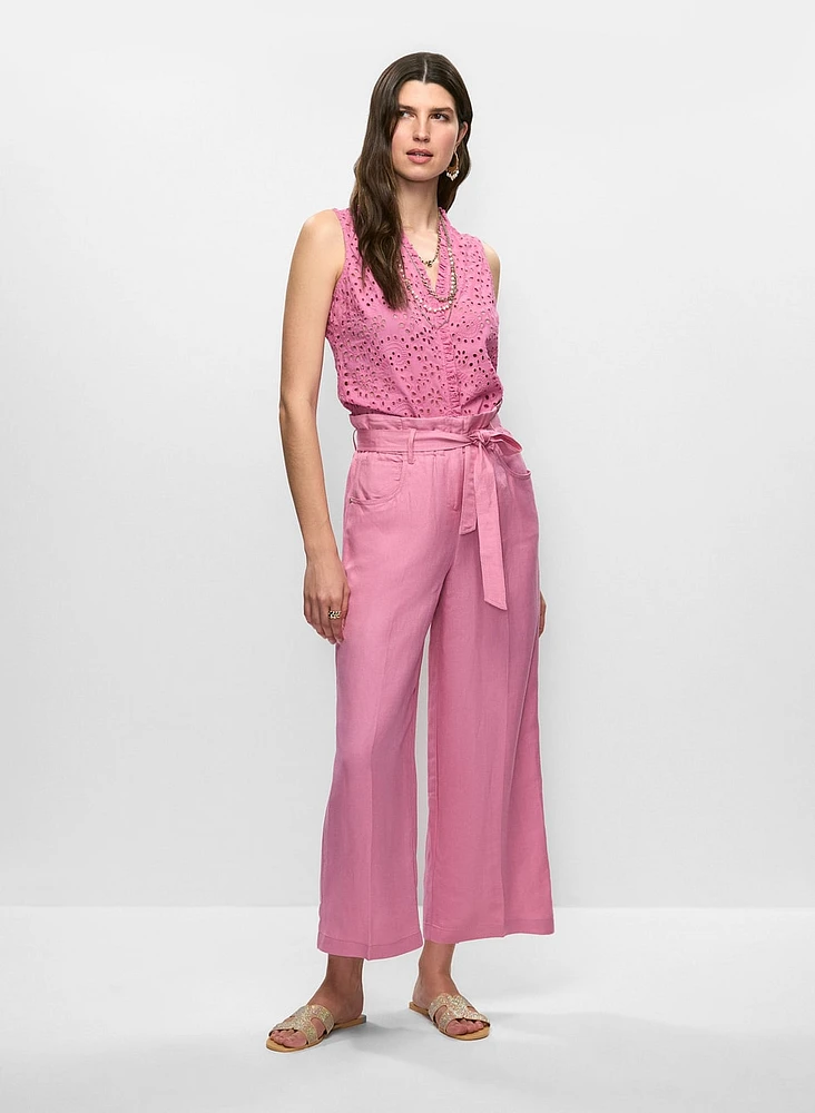 Frilled Sleeveless Eyelet Blouse & Linen Cropped Pants