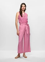 Frilled Sleeveless Eyelet Blouse & Linen Cropped Pants