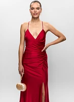 Ruched V-Neck High Slit Gown