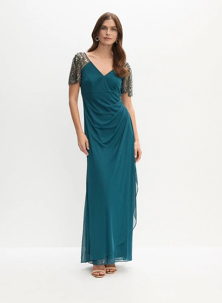 BA Nites - Beaded Sleeve Evening Dress