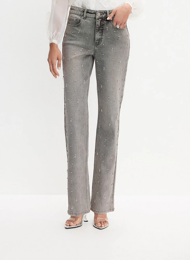 Stone Drop Embellished Straight-Leg Jeans