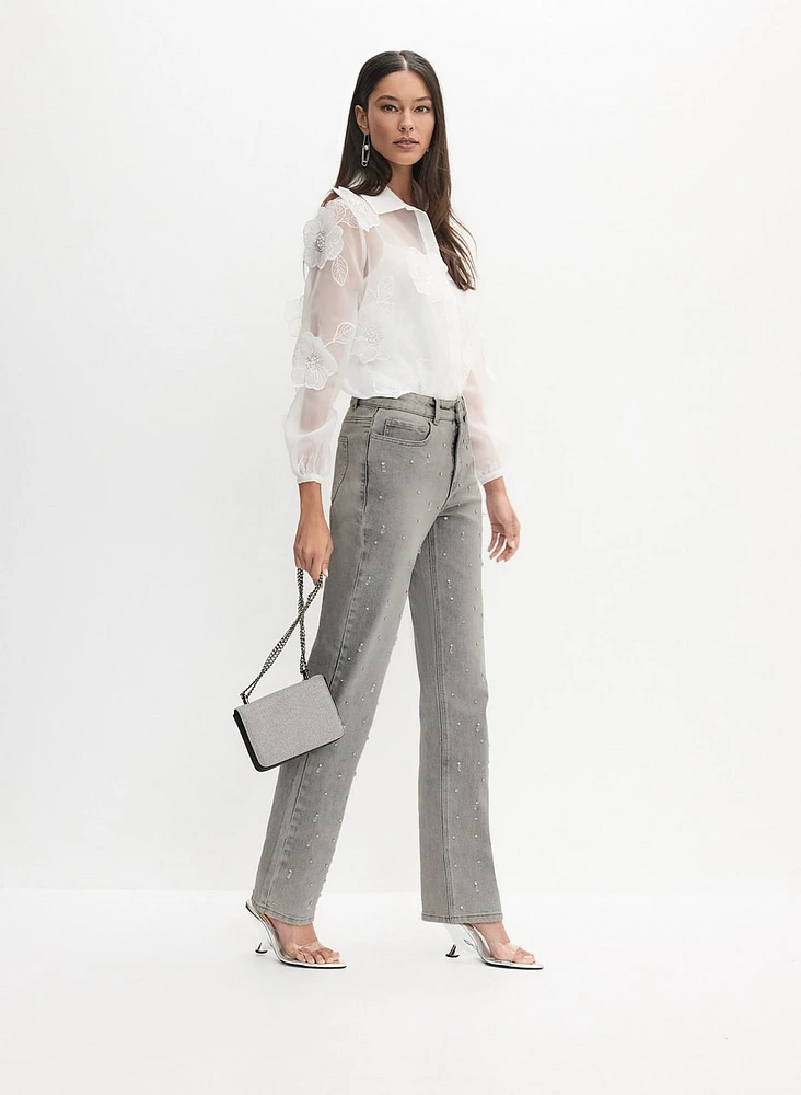 Stone Drop Embellished Straight-Leg Jeans