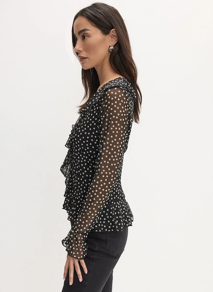 Dot Print Ruffle Front Top