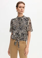 Leaf Print Tie Waist Blouse