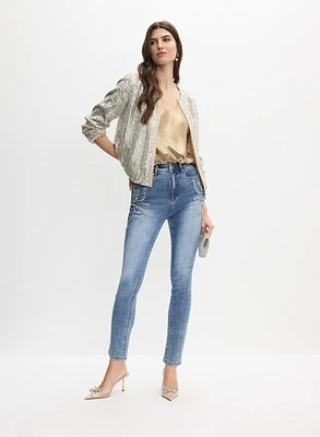 Sequin Zip Jacket & Rhinestone Detail Jeans