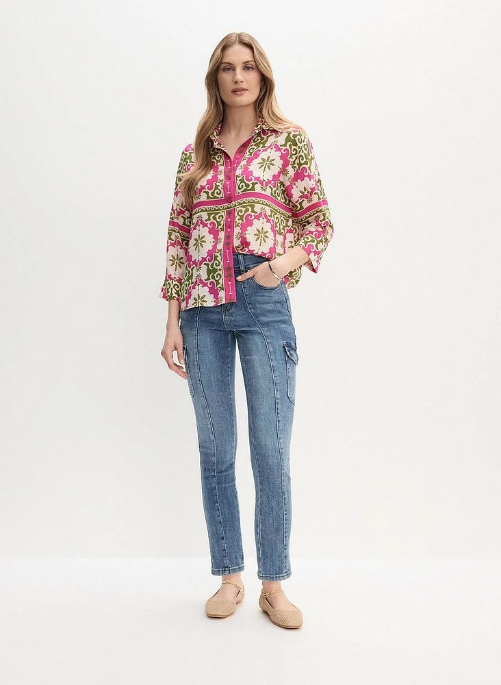 Abstract Print Blouse & Slim Leg Cargo Jeans