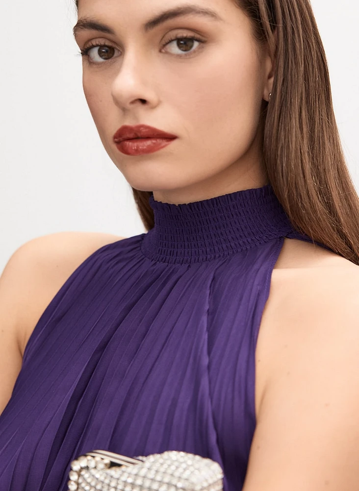 High Neck Satin Plissé Dress