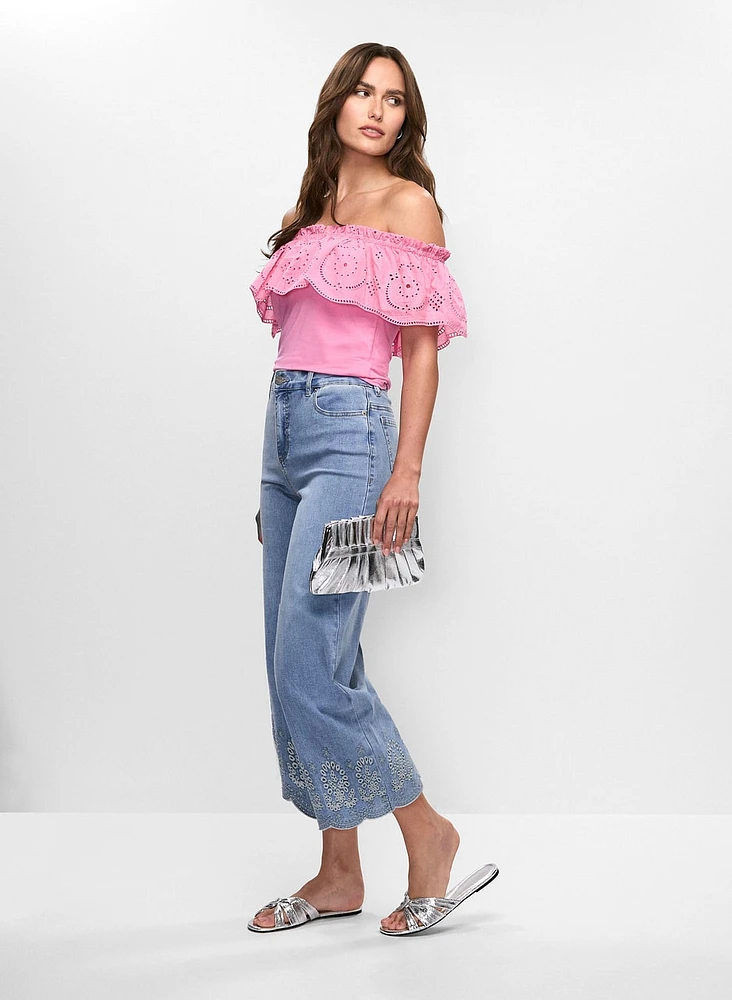 Embroidered Hem Culotte Jeans