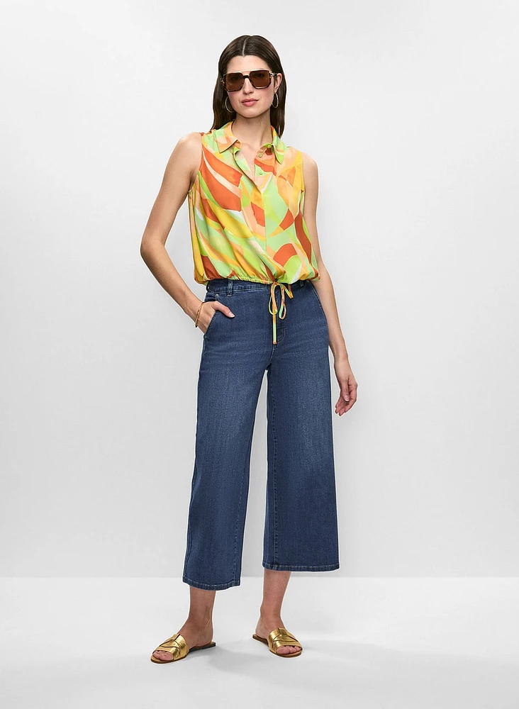 Abstract-Print Sleeveless Blouse & Denim Culotte Pants