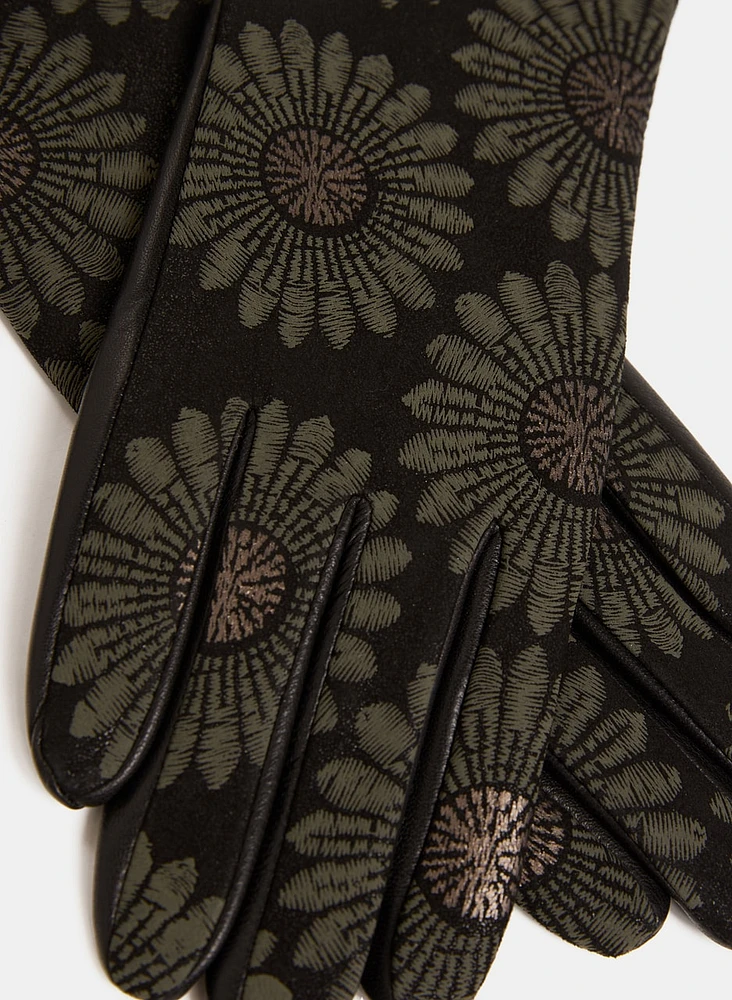 Floral Embroidered Leather Gloves