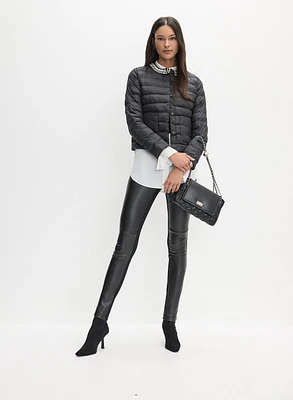 Embellished Collar Puffer Jacket & Kayla Vegan Leather Straight Leg Pants