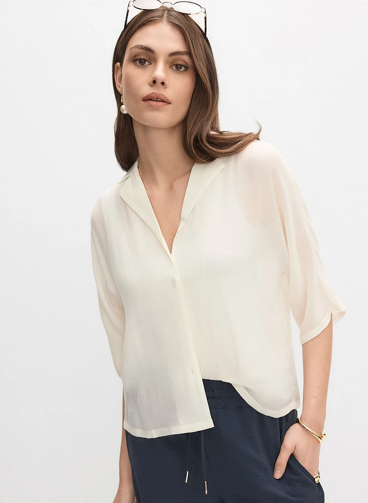 Notch Collar Elbow Sleeve Blouse