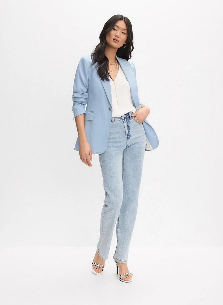 Jewel Button Denim Blazer & Straight-Leg Jeans