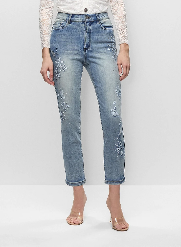 Floral Embroidered Light-Wash Jeans