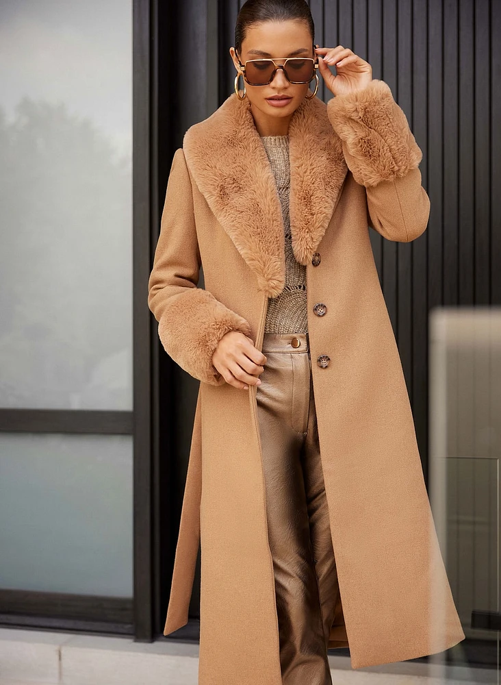 Wool-Blend Faux Fur Collar Coat