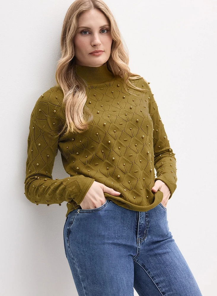 Mock Neck Pearl Embellished Sweater