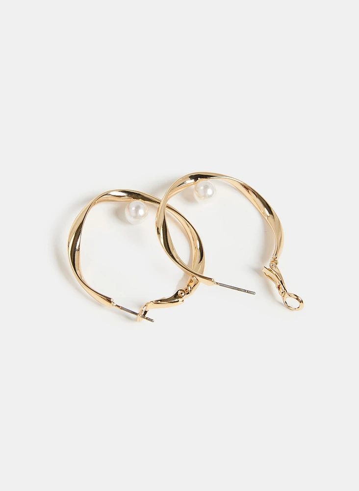 Pearl Insert Twist Hoop Earrings