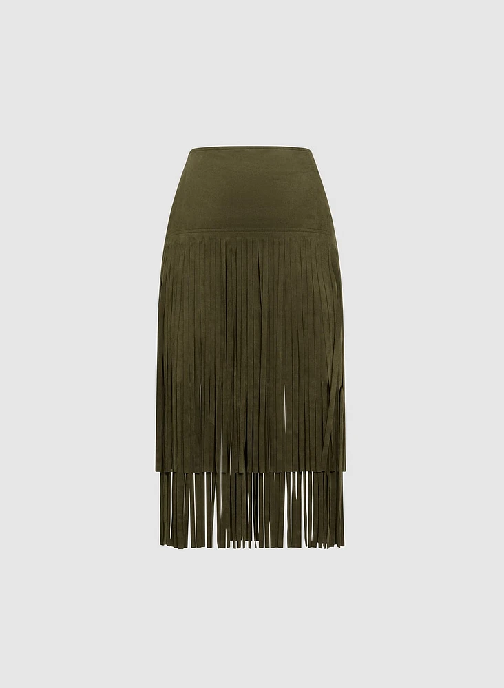 Faux Suede Fringed Skirt