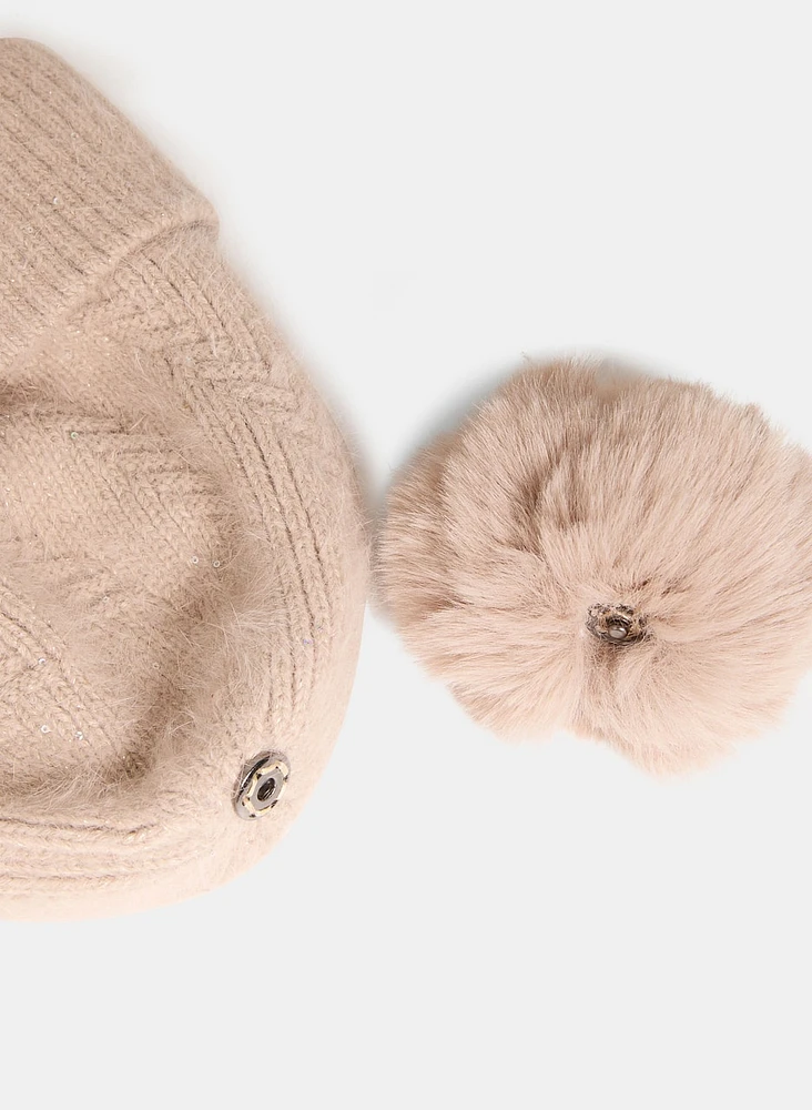 Faux Fur Removable Pompom Knit Hat