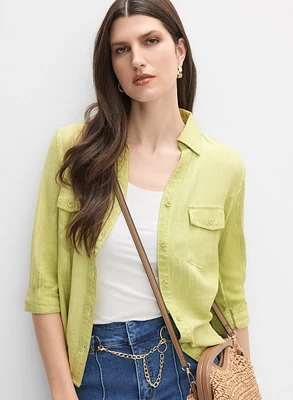 Linen-Blend Crosshatch Detail Blouse