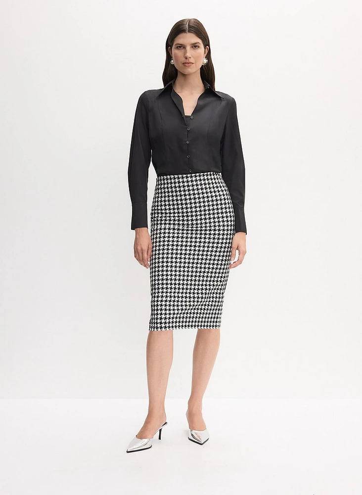 Button-Up Blouse & Houndstooth Print Pencil Skirt