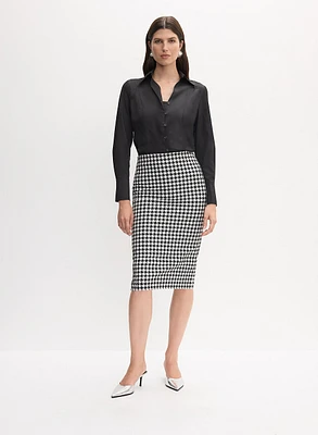 Button-Up Blouse & Houndstooth Print Pencil Skirt