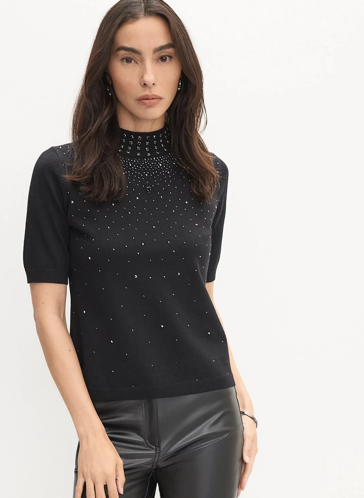 Rhinestone Detail Knit T-Shirt