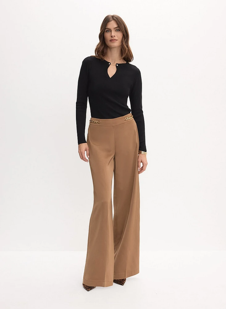 Chain Trim Satin Wide-Leg Pants