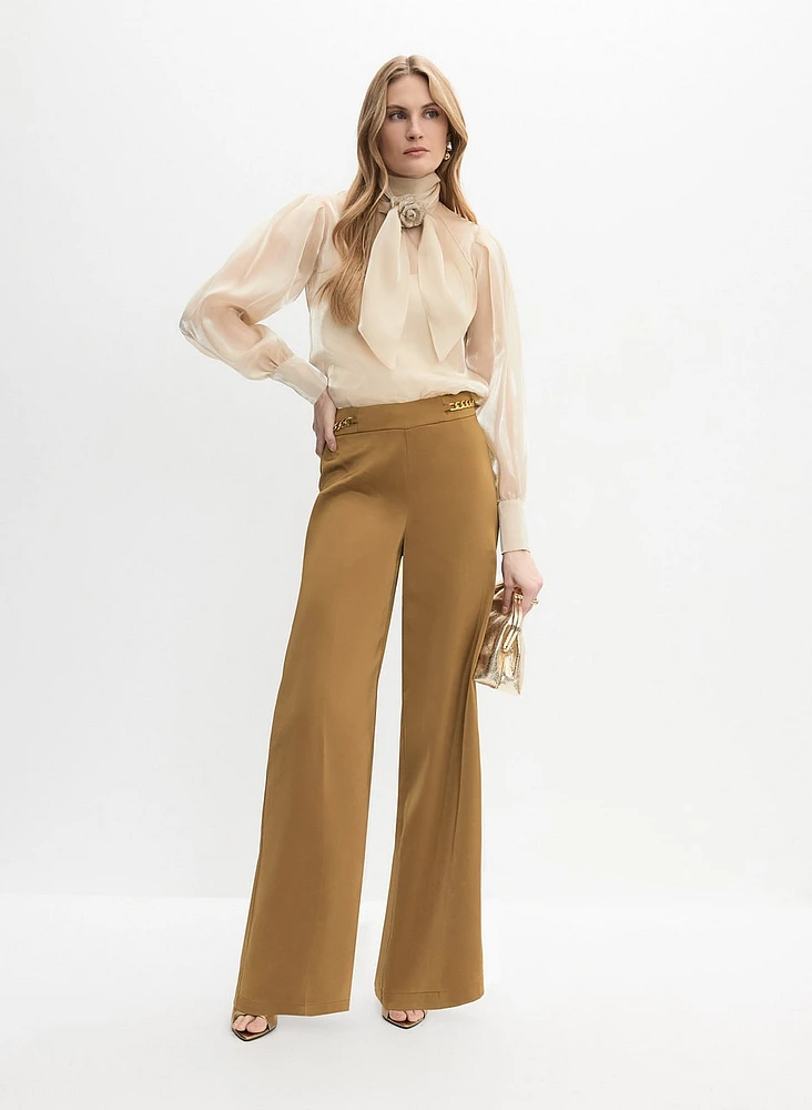 Chain Trim Satin Wide-Leg Pants