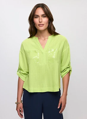 Sequin Pockets Linen Blouse