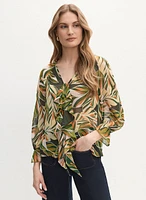 Palm Print Ruffle Front Blouse