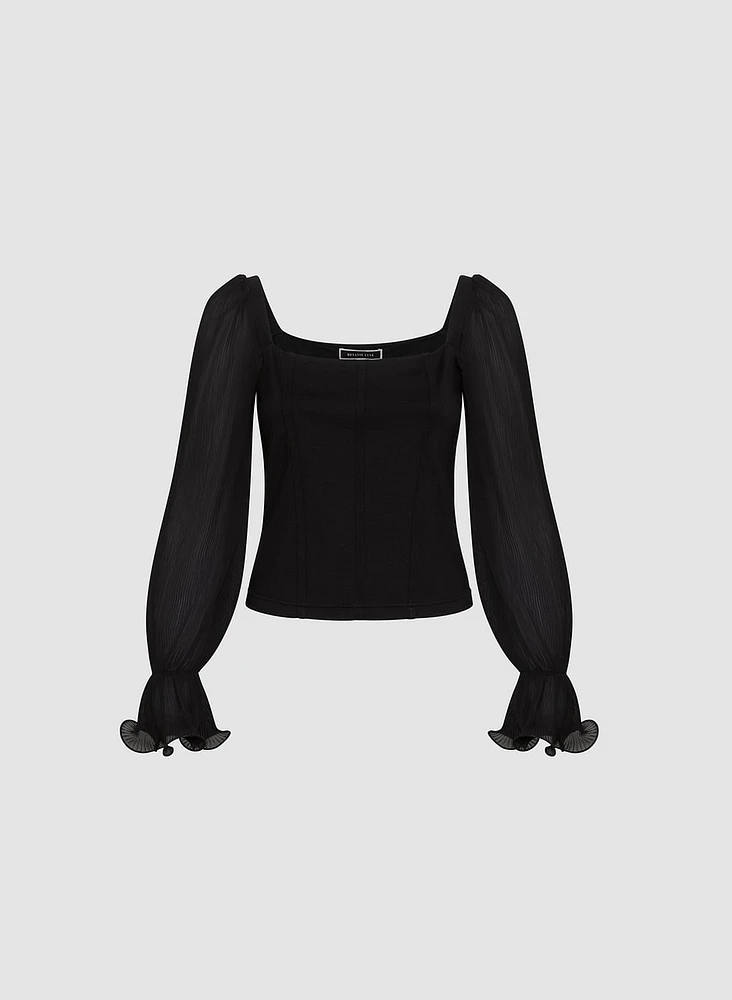 Square Neck Pleated Sleeve Top