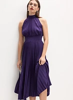 High Neck Satin Plissé Dress